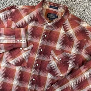 Pendleton Frontier Mens XL Red Plaid Pearl Snap Western Shirt Long Sleeve